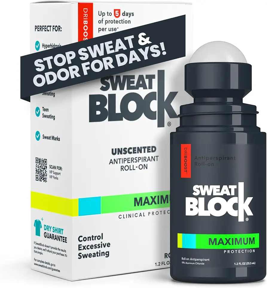 SweatBlock Max Clinical Antiperspirant Roll-On - para Sudorese Excessiva e Hiperidrose - Proteção/Uso Até 7 Dias - Unissex, Sem Perfume - 1,2 Fl Oz