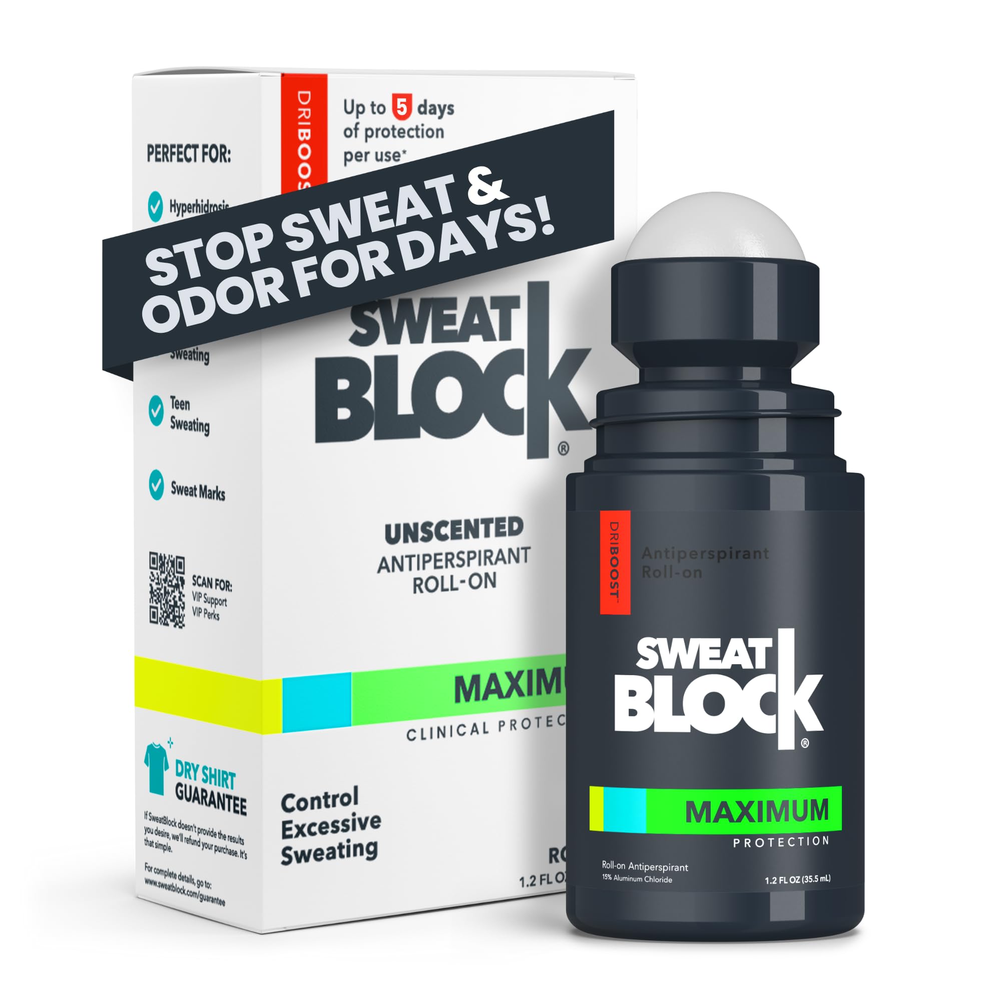 SWEATBLOCKAntiperspirant Roll-on - Maximum Clinical Strength with DRIBOOST Treat Hyperhidrosis, Excessive Sweat & Odour Up to 7 Days Sweat Control Per Use Unisex 35ml