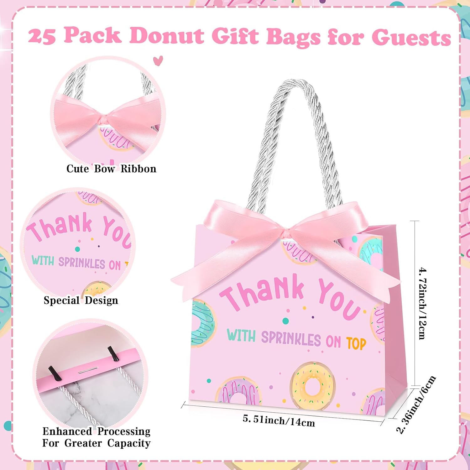 Kolldenn 25 Pcs Donut Party Favor Bags with Handles, Pink Goodie Bags image 2