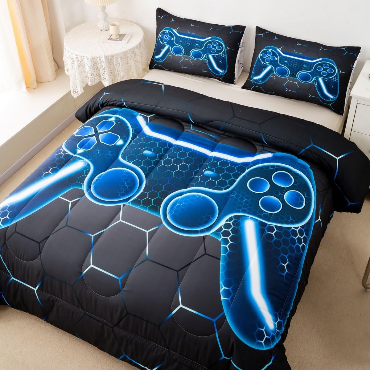 Feelyou Gamer Comforter Set for Kids Boys Teens Queen Size Game Controller Comforter 3Pcs Gaming Gifts Bedding for All Season(Queen,Blue) Boys