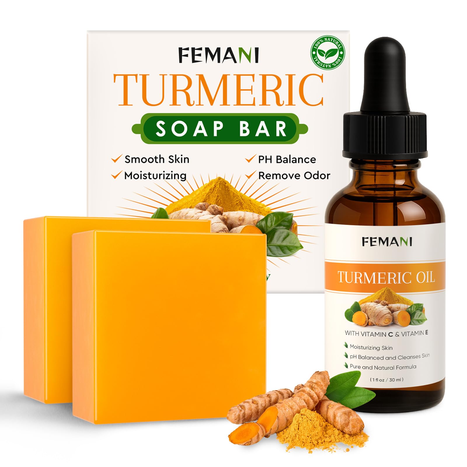 femani 2 PCS Natural Turmeric Soap Bar for Face & Body Cleanser and Oil, Nautral Ingredients Turmeric Wash and Care Set, Soothing, Hydrating, Skin