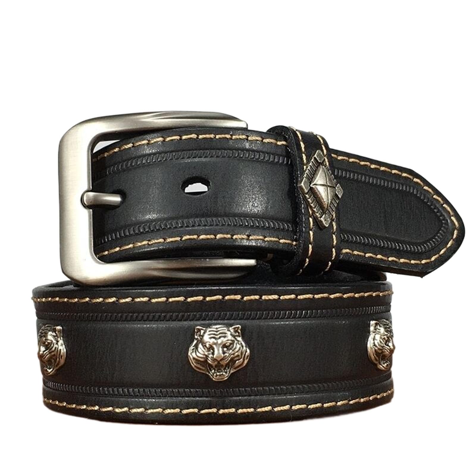 Cinturon Hombre Tachonado, Cinturón de Cuero Genuino Ajustable Rivet Retro Punk, Cinturones Occidental Remache Cabeza Tigre con Hebilla de Metal Aleación,Negro,110CM/43.3''
