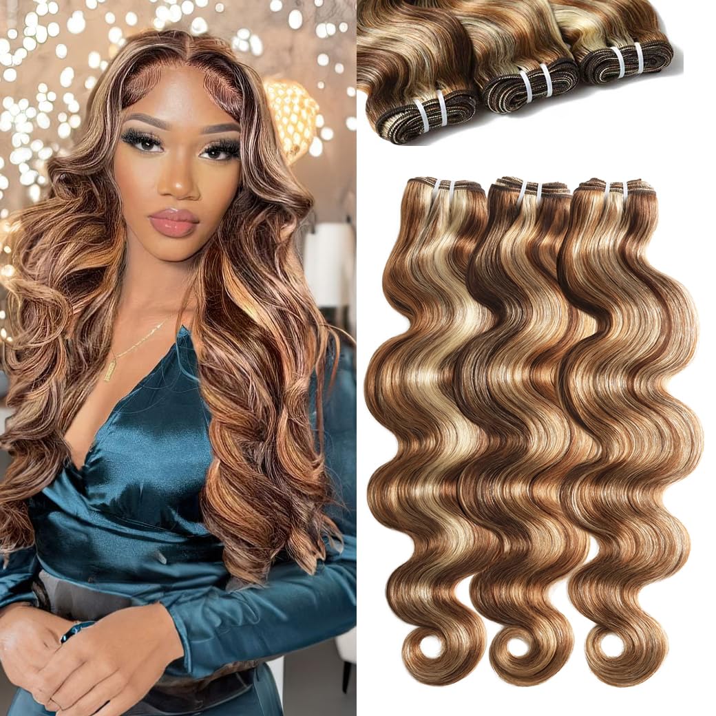 YESHURAY Highlight Bundles Human Hair Body Wave Extensions 3 Tones Blonde Highlights 3 Bundles 18-22 Inch 100% Virgin Hair
