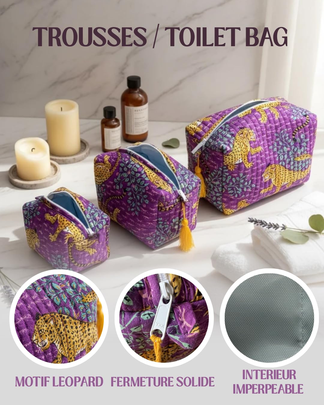 Kit 3 Trousses de Maquillage Léopard Violette – Petite, Moyenne et Grande – Trousse de Toilette Femme Voyage – Pochette Cosmétique Matelassée avec Pompons - 2