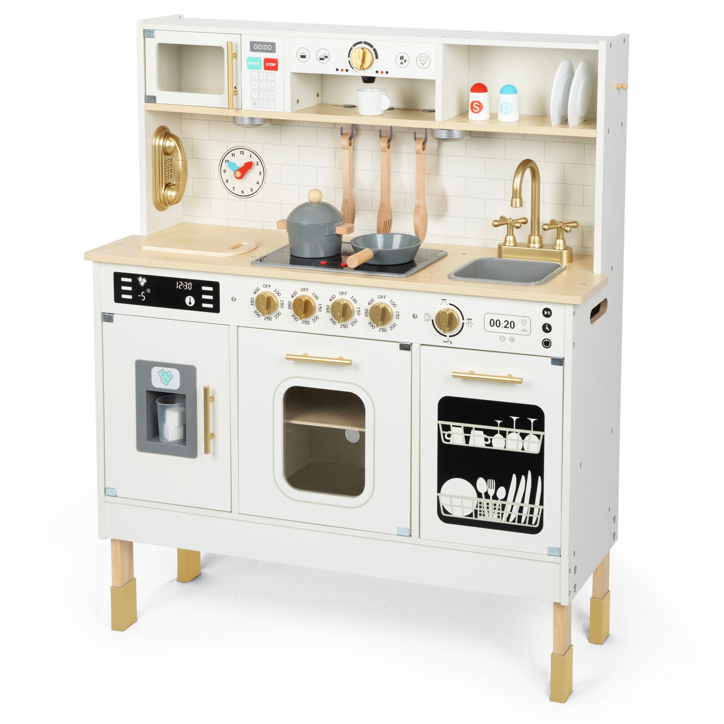 Mamabrum Cocina de Juguete para Niños de Madera con Luces LED - Juguetes Cocina Niños Interactiva con Altura Ajustable - Incluye Microondas, Lavavajillas y Accesorios - 104cm