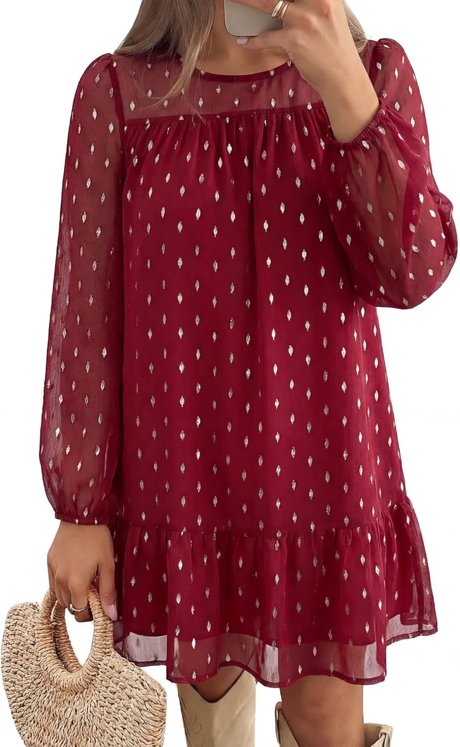 Women's Crew Neck Long Sleeve Mini Dress with Tiered Ruffle Skirt Tie Waist for Casual Date Night