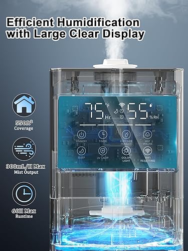 Miniatura 4 de Humidificador inteligente de niebla fría de 9L2.4 galones, humidificador silencioso de llenado superior, cubre 550 pies cuadrados, aplicación y