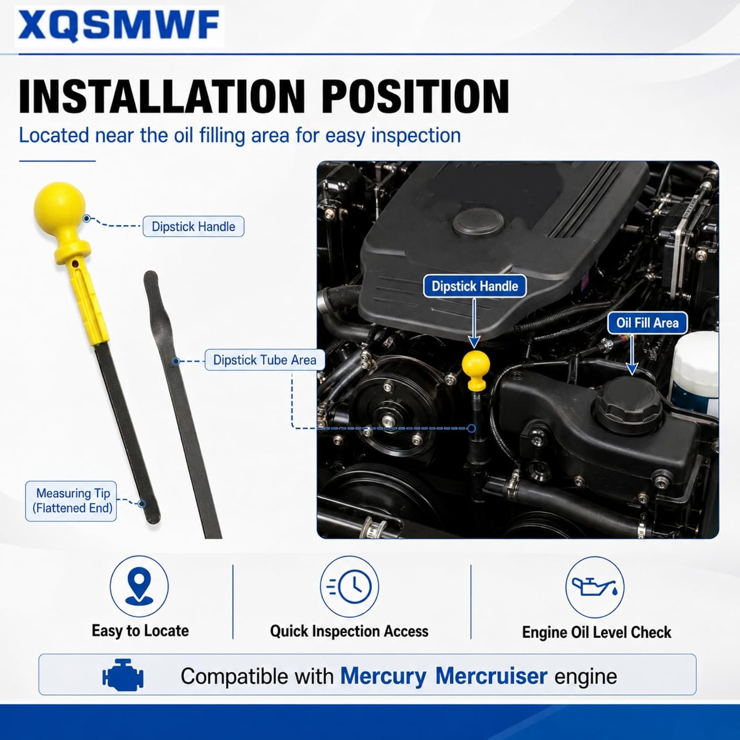 XQSMWF 1Pc Oil Dipstick Gauge 861942T9 805567T 818634T Compatible with Mercury MerCruiser for Engine 350/377/383/454/502 MAG 575/600/662/700 SCI 8.2L 5.0L 5.7L 7.4L 1998 1999 2000 2001