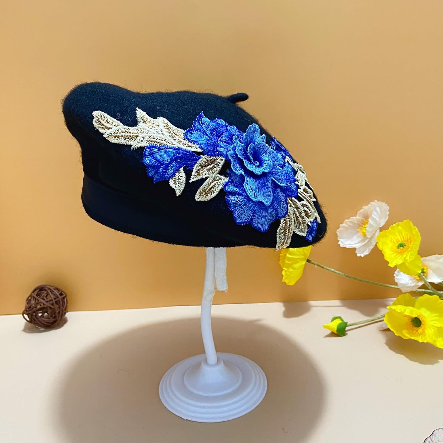 Women Classic French Beret Lady Vintage Rose Embroidery Floral Wool Winter Hat Beanie Cap