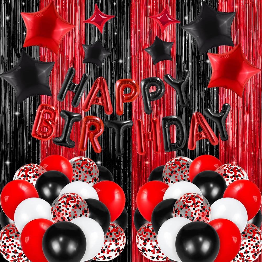 Red and Black Party Decorations with Happy Birthday Balloon Banner, Fringe Curtains, Star Foil Balloons Décor Supplies for Boys Girls 21st 25th 30th