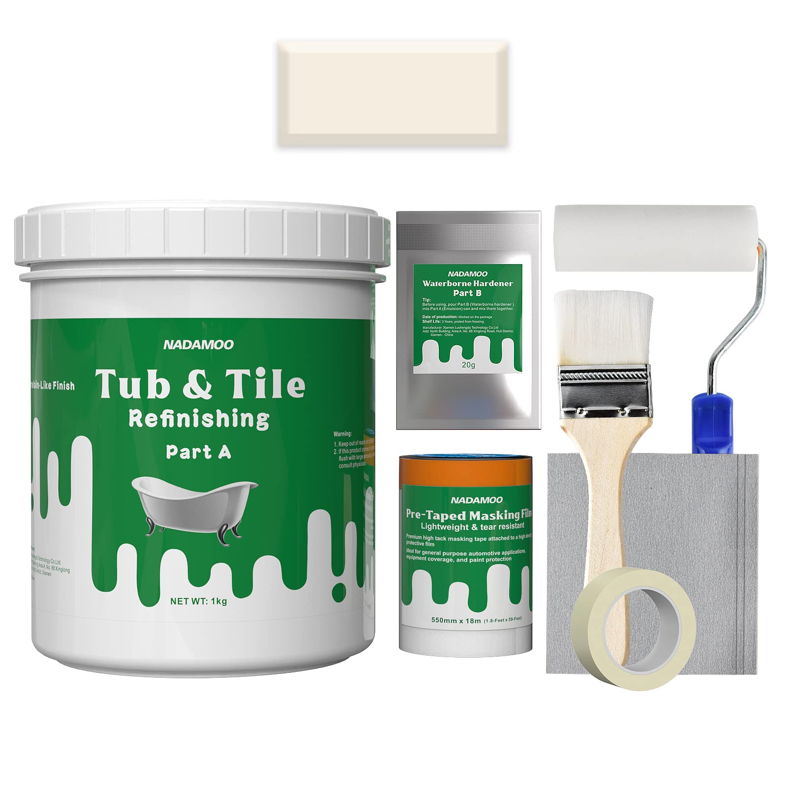 NADAMOO Tub and Tile Refinishing Kit (1kg / 35 oz, with tools, Beige), DIY Bathtub Sink Reglaze Kit Countertop Paint Resurface Kit for Bathroom Kitchen Porcelain Enamel Fiberglass, Semi-matte Coat