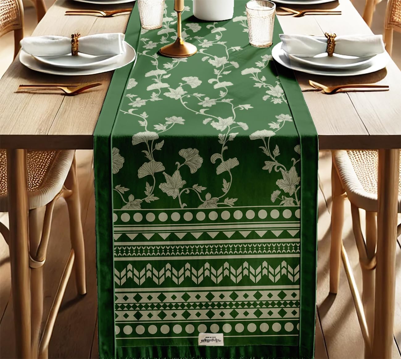 Decorative Table Runner - Double-Layered Cotton - 14 x 60 Inch with Elegant Border - Durable - for Rustic, Boho & Modern Décor - Floral