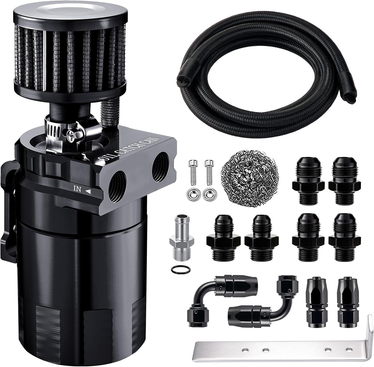 EVIL ENERGY Oil Catch Can, 300ml Baffled Catch Can Kit with Breather Filter, Universal Aluminum Air Oil Separator 2 Port with 10AN CPE Fuel Hose & Fitting Kits
