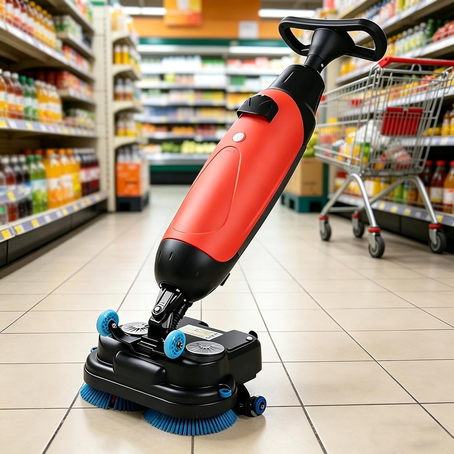 Commercial Self-Propelled Floor Scrubber Tile Polisher, 360° Rotating Cordless Carpet Extractor,43cm Dual-Brush Walk Behind Floor Scrubber Dryer, 36V Battery Red