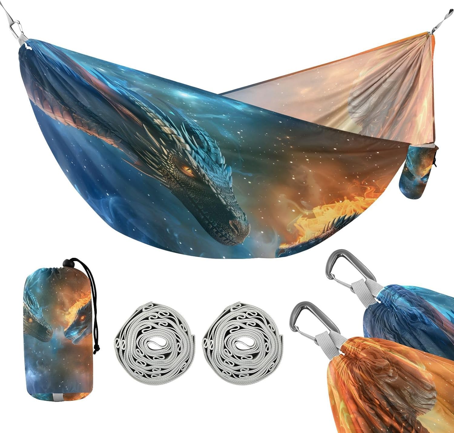 ALAZA Fire Dragon Water Dragon Camping Hammocks Single or 2 Person 500 lbs Portable Parachute Travel Hammock w/Tree Straps for Hiking Backpacking Indoor Outdoor