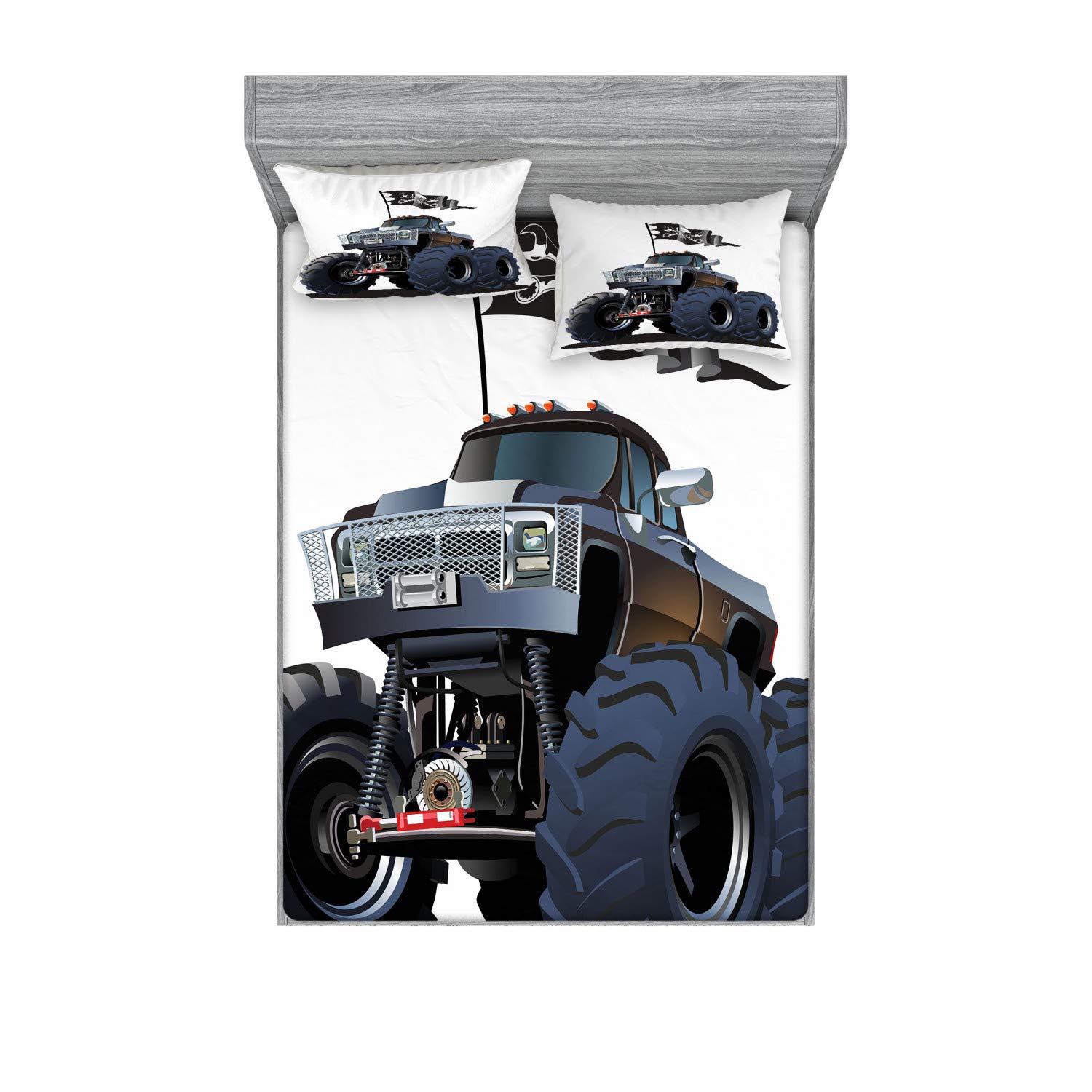 Ambesonne Cars Fitted Sheet & Pillow Sham Set, Popular Large Suspension Monster Truck Dead Skull Pirate Flag Off to Road Art, Decorative Printed 3 Piece Bedding Decor Set, Calking, Night Blue