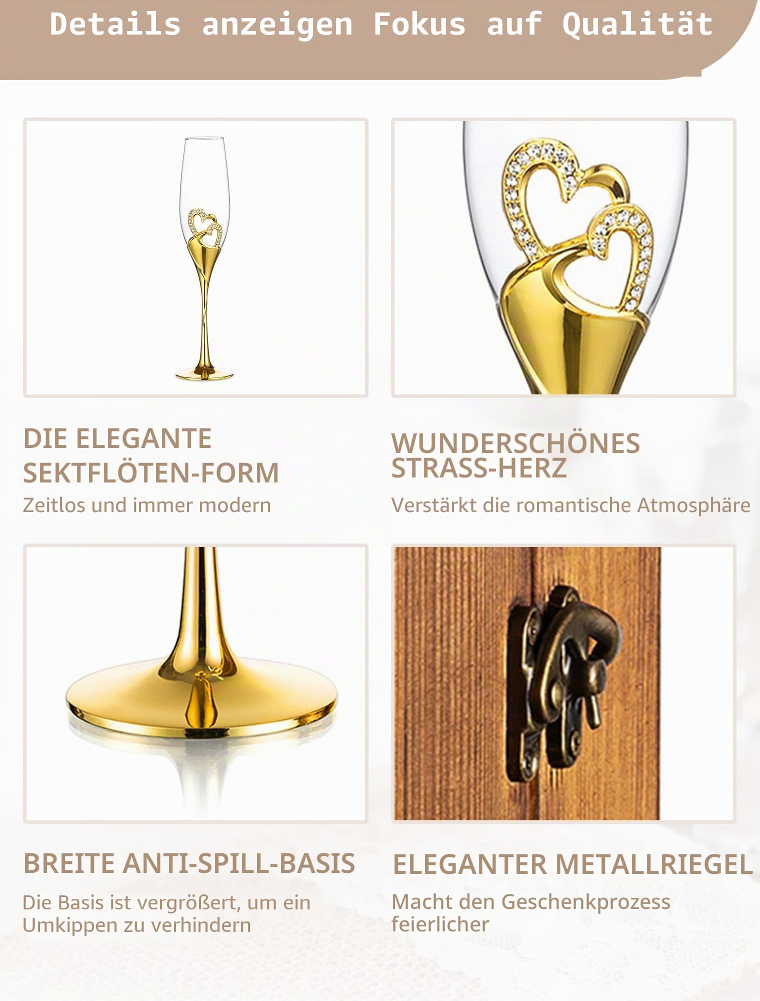 NUPTIO Sektgläser Hochzeit Kristall mit Holzschatulle, für Brautpaar | 2 Stück Personalisiert Gold Champagnergläser Hochzeitsgeschenke für Verlobung, Jubiläum, Hochzeit