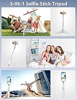 Vista 8 de Trípode selfie stick de 45' con luz, trípode esencial para viajes con control remoto inalámbrico, soporte portátil para teléfono celular, elementos