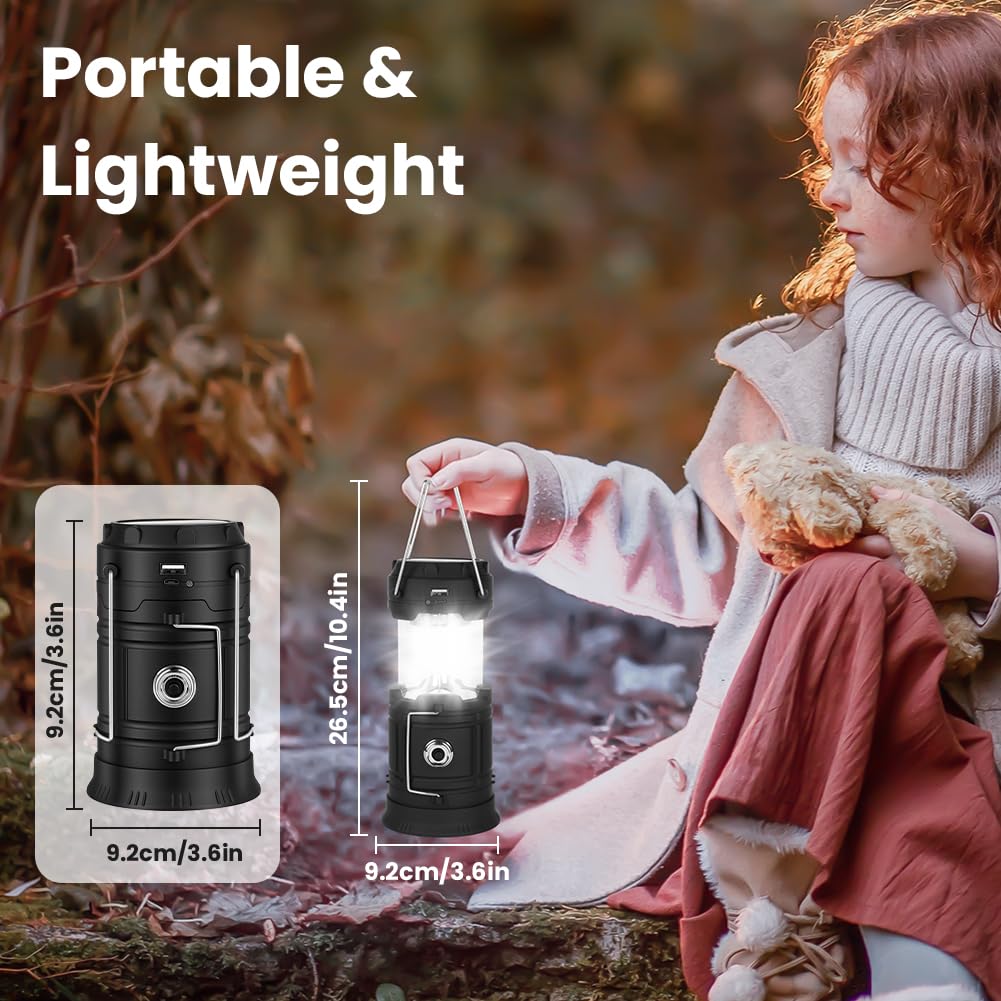 HOTUT LED Campinglampe Solar, Aufladbar Camping Laterne, Faltbare Wasserdicht Camping Licht mit Haken, USB und Solar Laden Notfallleuchte für Wandern, Angeln, SOS, Ausfälle