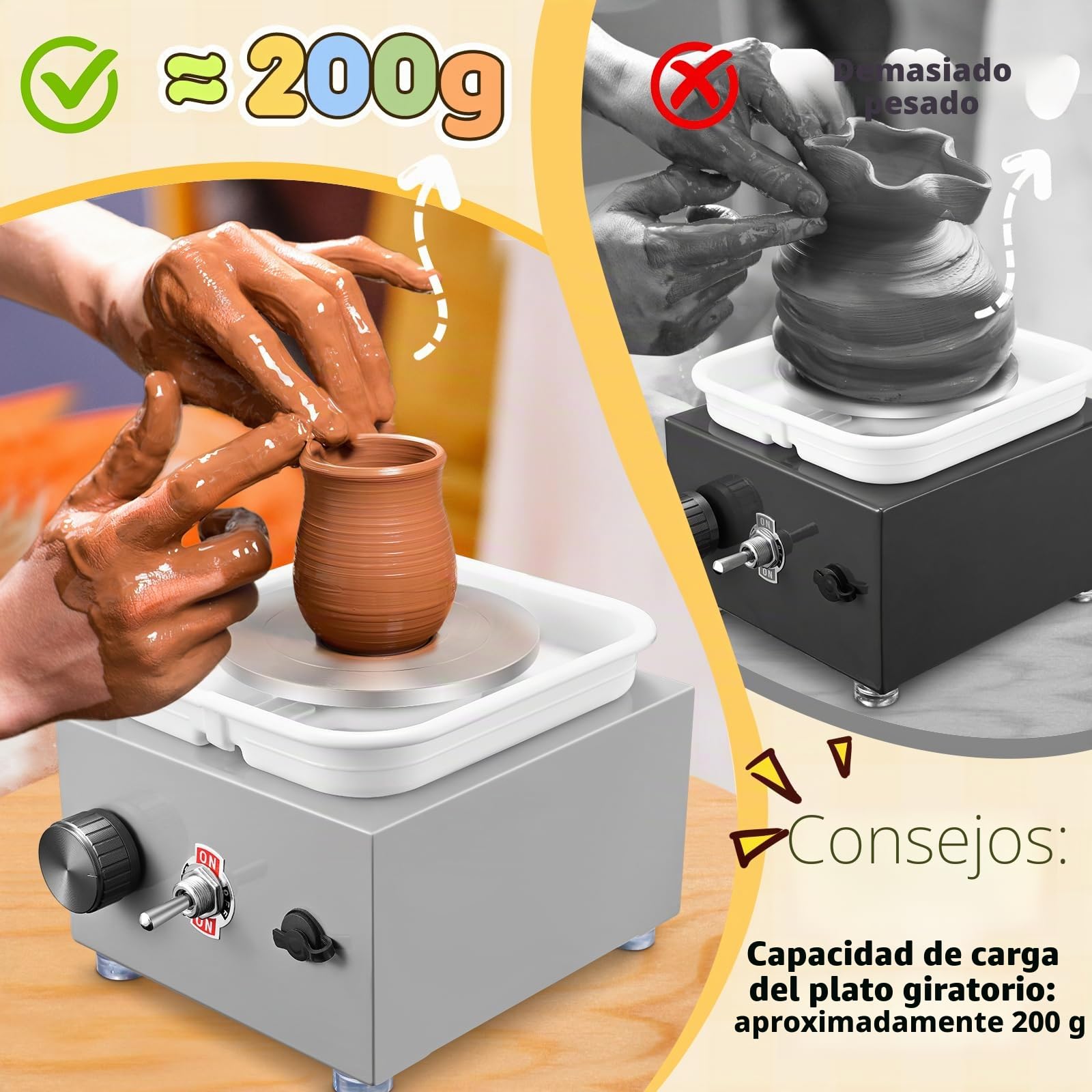Mini Rueda de Cerámica, Couleeur 2000RPM y 10/6.5CM Mini Máquina de Alfarería Eléctrica, Kit Ceramica de Velocidad Estable y Ajustable con Cubeta Extraíble y Herramientas para Talleres de Bricolaje