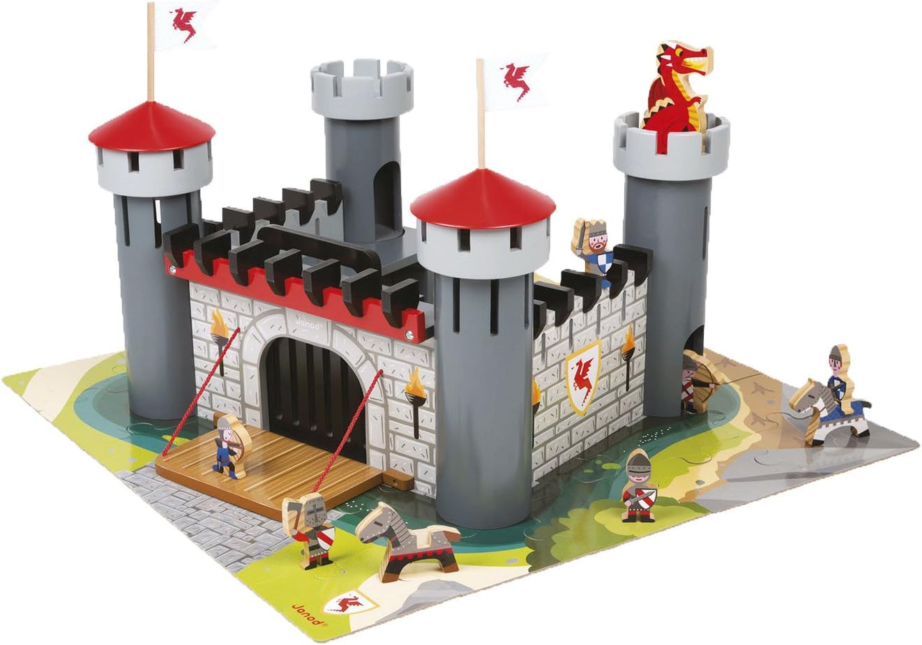 Janod Wooden Toy Jigsaw Puzzle Play Set Castle Knight Dragon 9 Accessories and Accessories, Multi-Colour