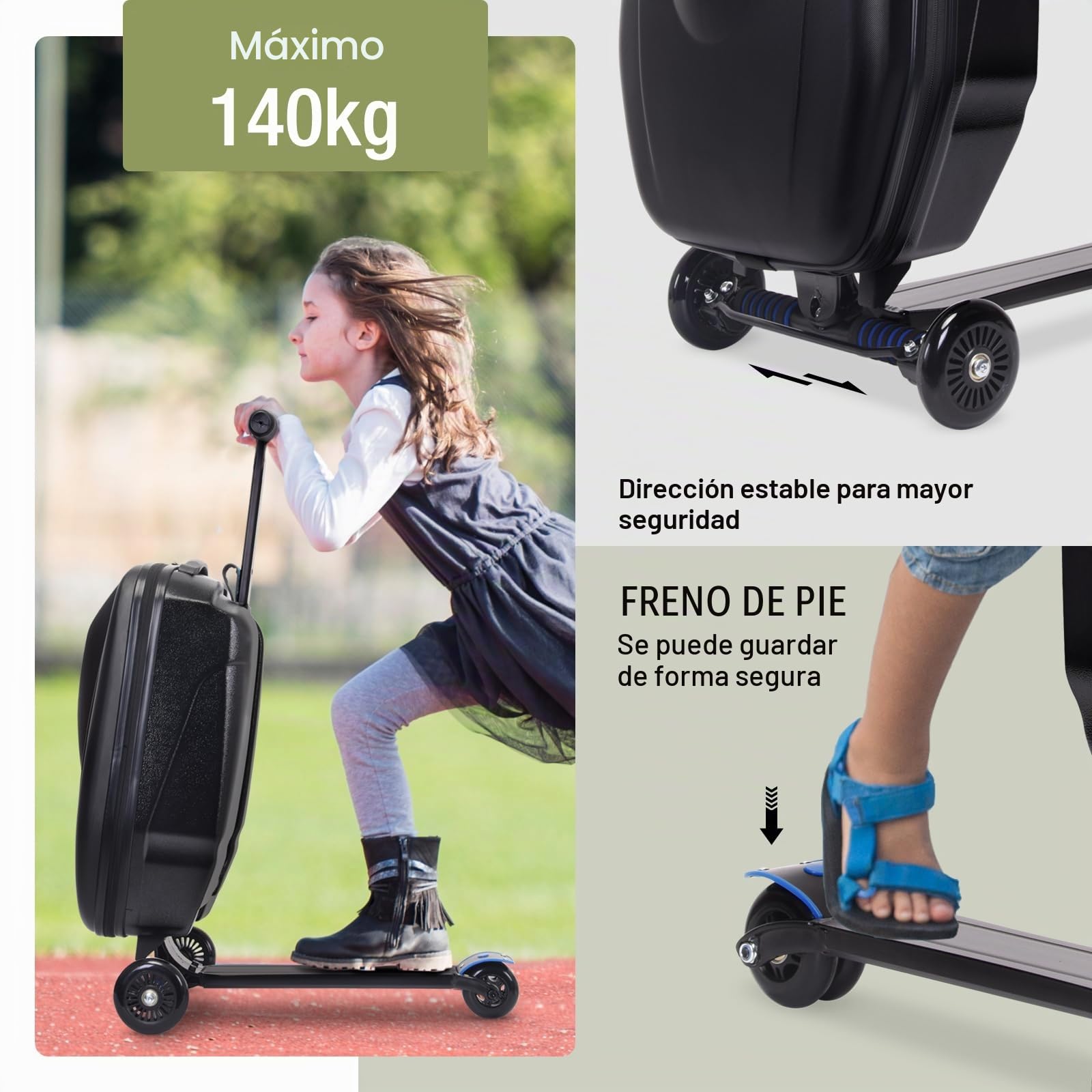 Maleta para patinete infantil 2 en 1 de viaje, maleta de mano plegable con 3 ruedas, color negro