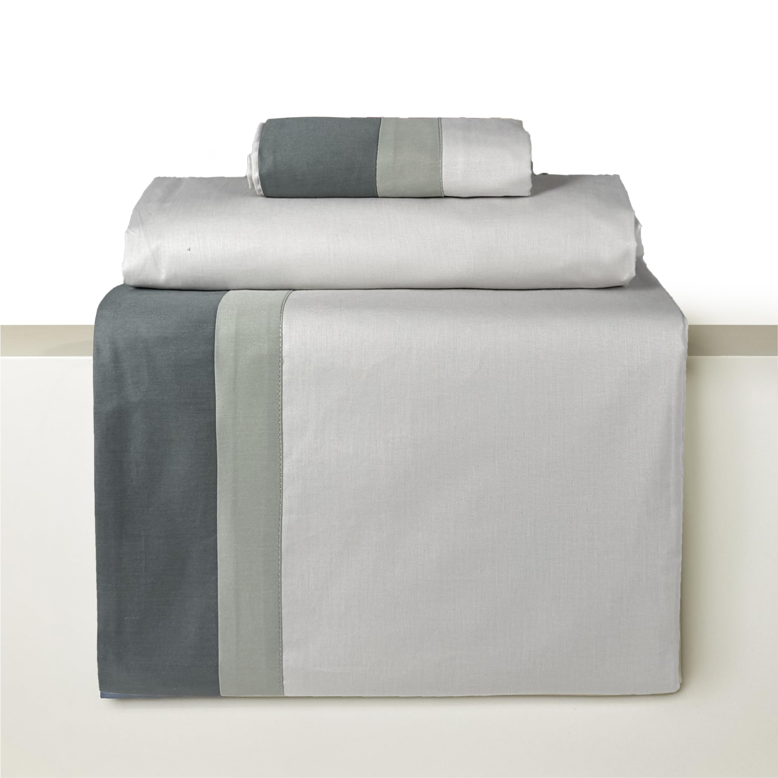Mahome Set Completo Lenzuola Matrimoniale in 100% Puro Cotone Italiano 120 Fili 300TC Doppia Balza in RASO SATIN - Completo Letto Pregiato Tinta Unita con Doppia Balza in Raso Made in Italy (Salvia)