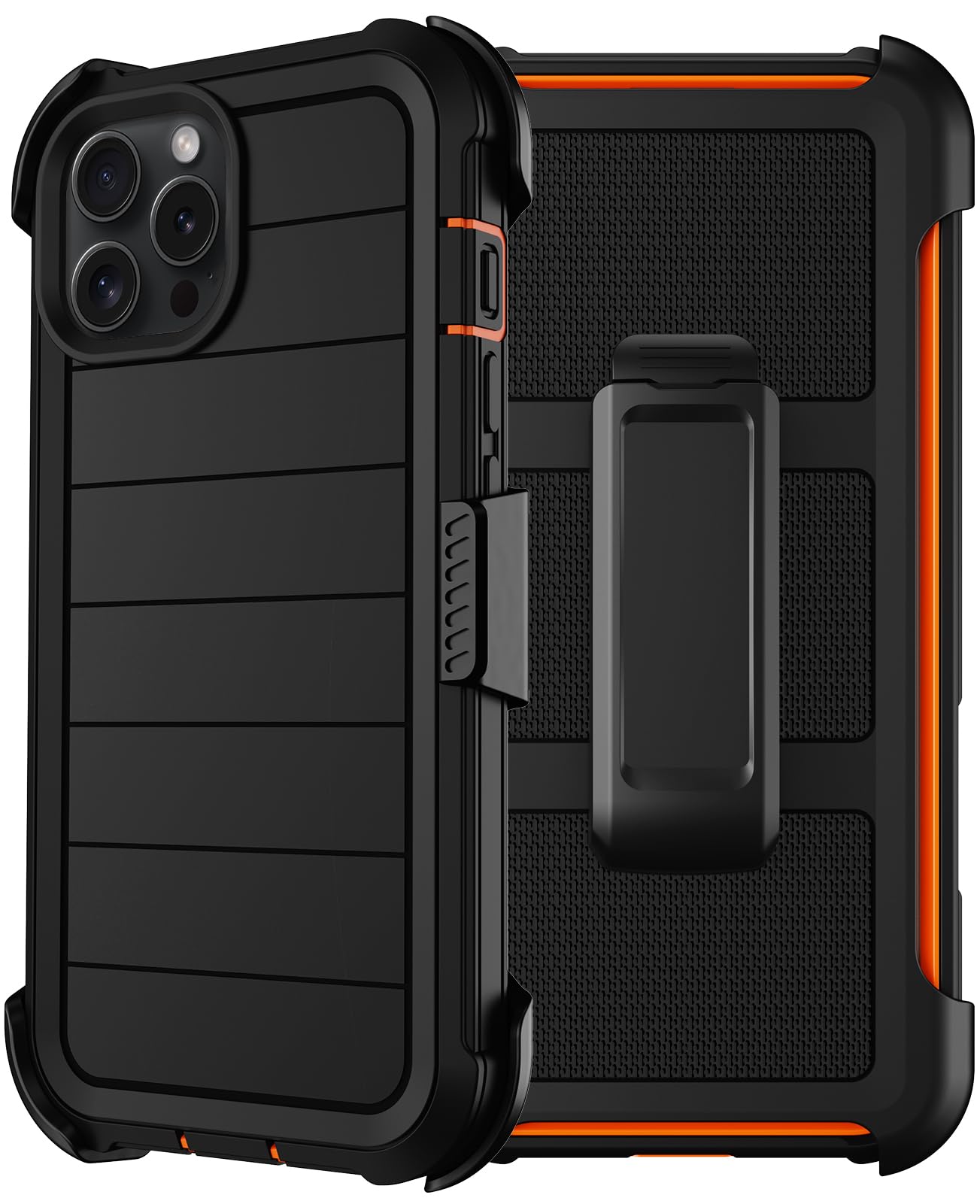for iPhone 15 Pro Max Case with Belt Clip Holster, Black Orange