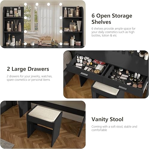 Miniatura 21 de usikey Juego de tocador grande con espejo iluminado y estación de carga, tocador de maquillaje con 4 estantes de almacenamiento y 4 cajones, 43.5"W