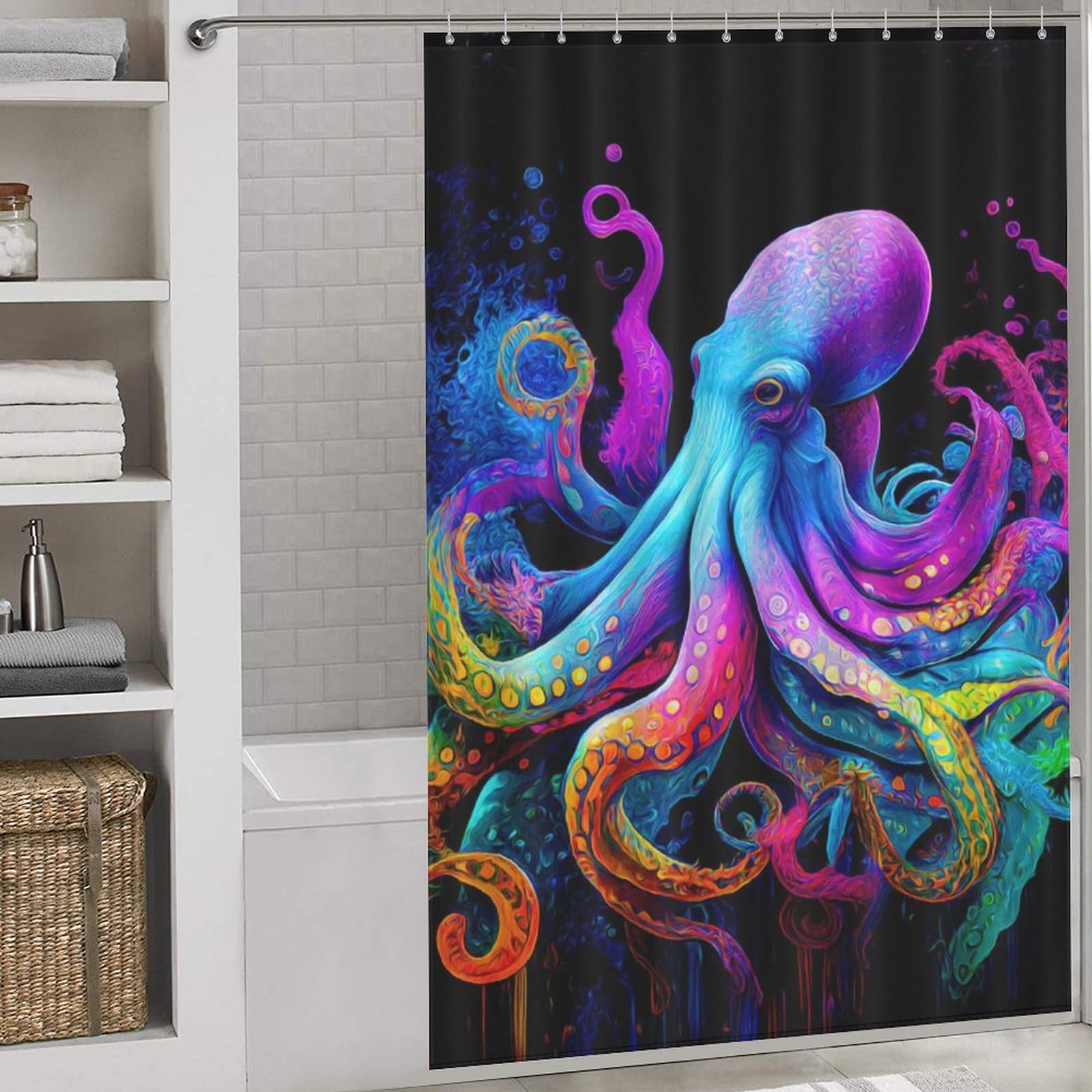 Rideau de douche pieuvre lavable et étanche en tissu résistant avec 12 crochets