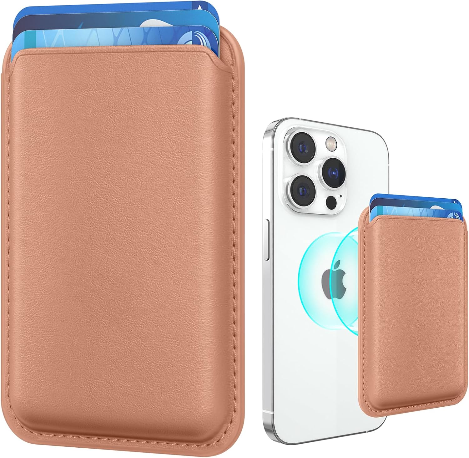 Stronger Magnetic RFID Leather Mag-Safe Card Holder for iPhone 16 Series, Mag-Safe Accessories Stick on Series of iPhone 16/15/14/13/12 and Pro/Promax, Rose Gold