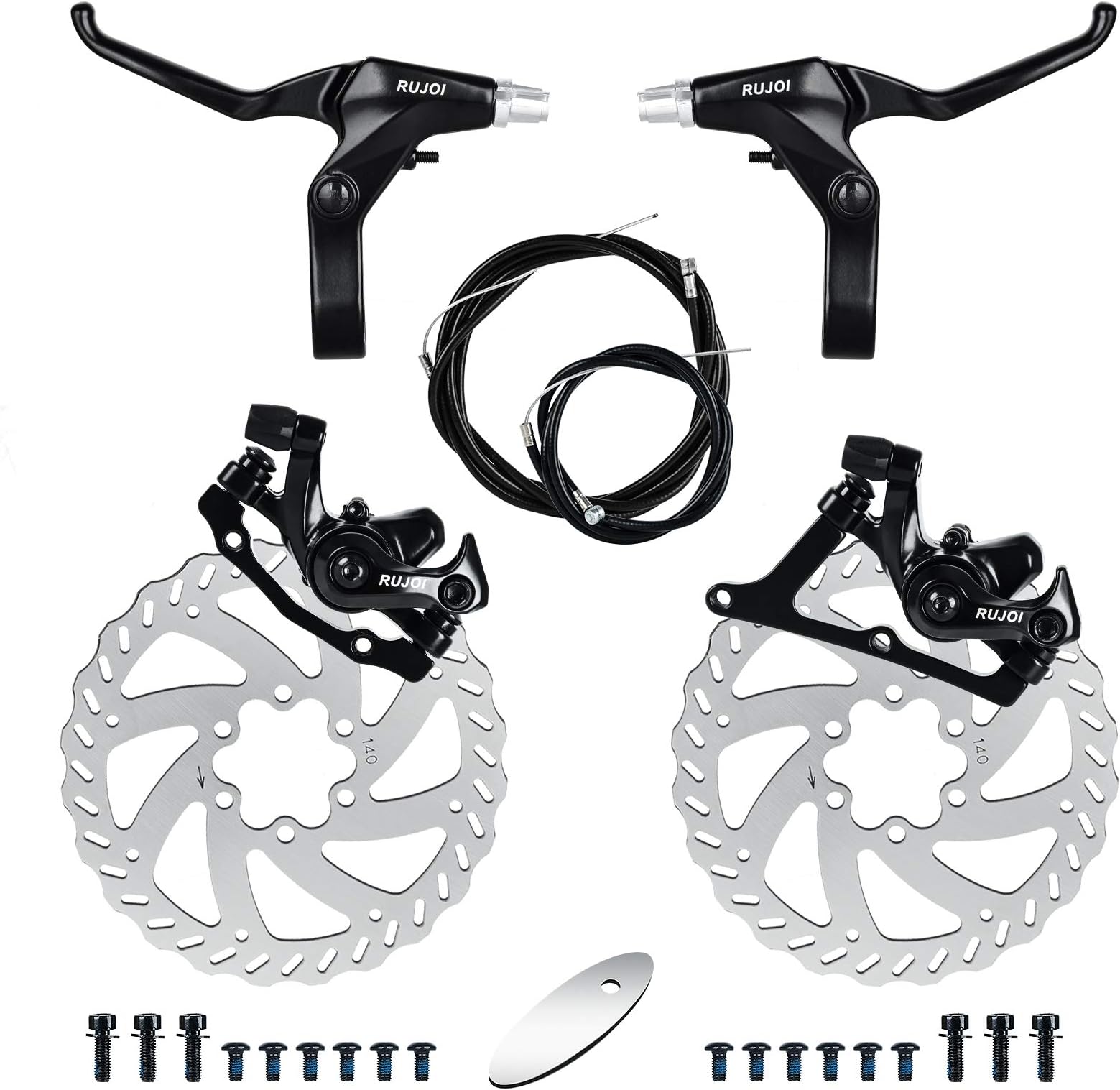 RUJOI Bike Disc Brake Kit, Aluminum Front and Rear Caliper, Full Aluminum Alloy Bicycle Brake Lever, 140mm Rotor, Mechanic Tool-Free Pad Adjuster for Road Bike, Mountain Bike