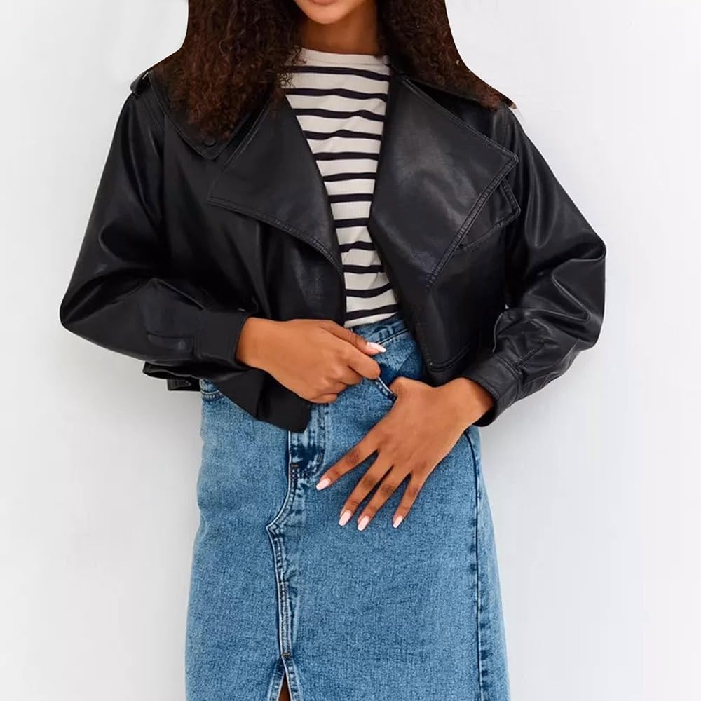 Trendy Cropped Coat Faux Leather Jacket Women Oversized Motorcycle
