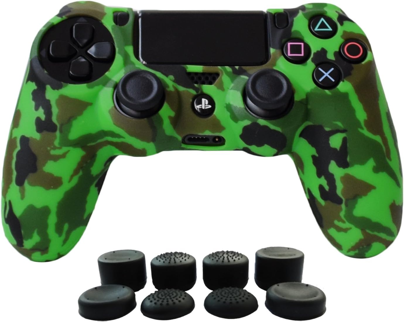 Hikfly Silicone Gel Controller Cover Skin Protector Compatible for PS4/PS4 Slim/PS4 Pro Controller (1 x Controller Cover with 8 x FPS Pro Thumb Grip Caps)(Green)