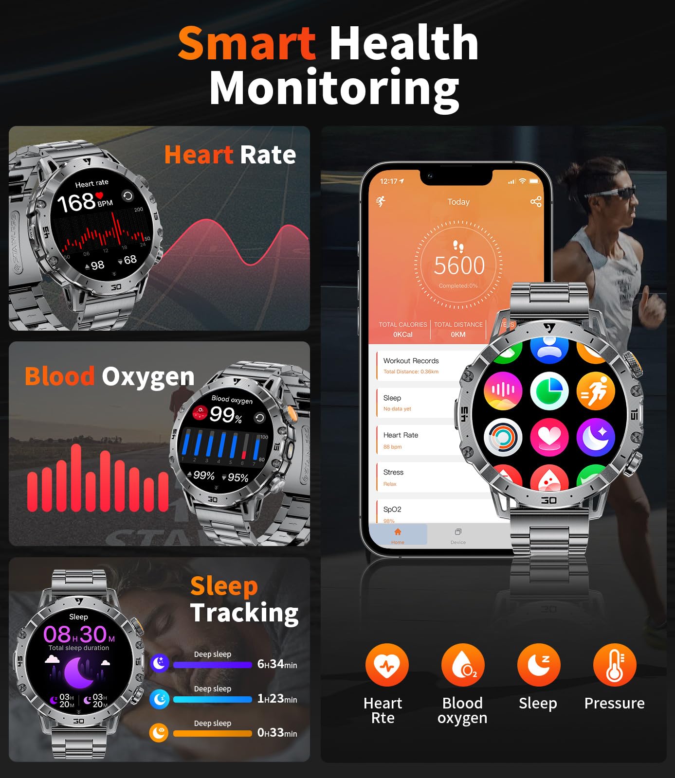 EF18 Montre intelligente militaire pour homme, grande batterie de 1000 mAh, montre intelligente HD de 4,85 cm avec lampe de poche LED/sommeil/plus de 100 sports, étanche IP68 pour Android iOS