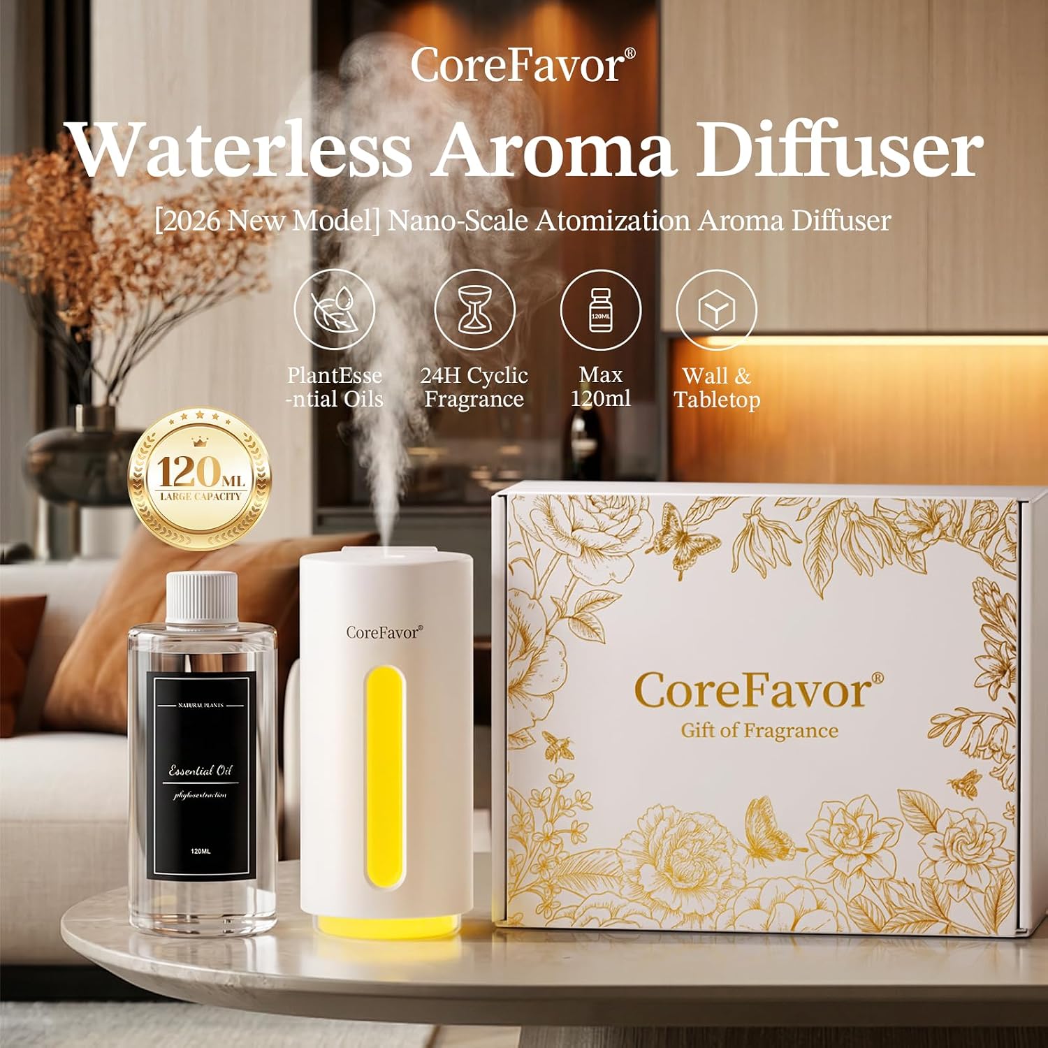 Waterless Essential Oil Diffuser (H2) with 120ml Oil, Portable Rechargeable Cold Air Aroma Scent Machine, 6 Mist Modes with 5 Color LED Lights, Quiet Diffuser for Home Car (Luxury)