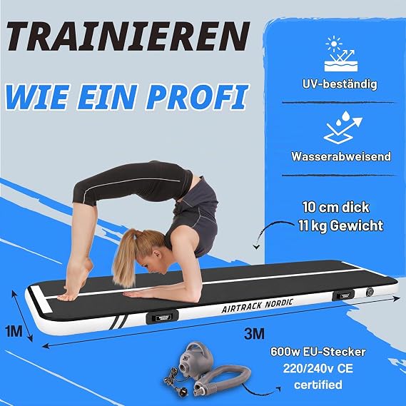 AirTrack Nordic Home Special Edition Air Track Mat 3 m / 4 m / 5 m / 6 m / 7 m / 8 m with Air Pump Gym Mat Inflatable for Gymnastics Yoga Durable and Easy to Transport Air Tracking Gymnastics Mat
