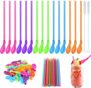 25 Pieces Straws with Spoon 2 in 1 Slush Straws Spoon Straws | Straw Spoon Reusable Straws with 2 Cleaning Brushes Slush Accessories for Smoothies Milkshakes Cocktail Slush