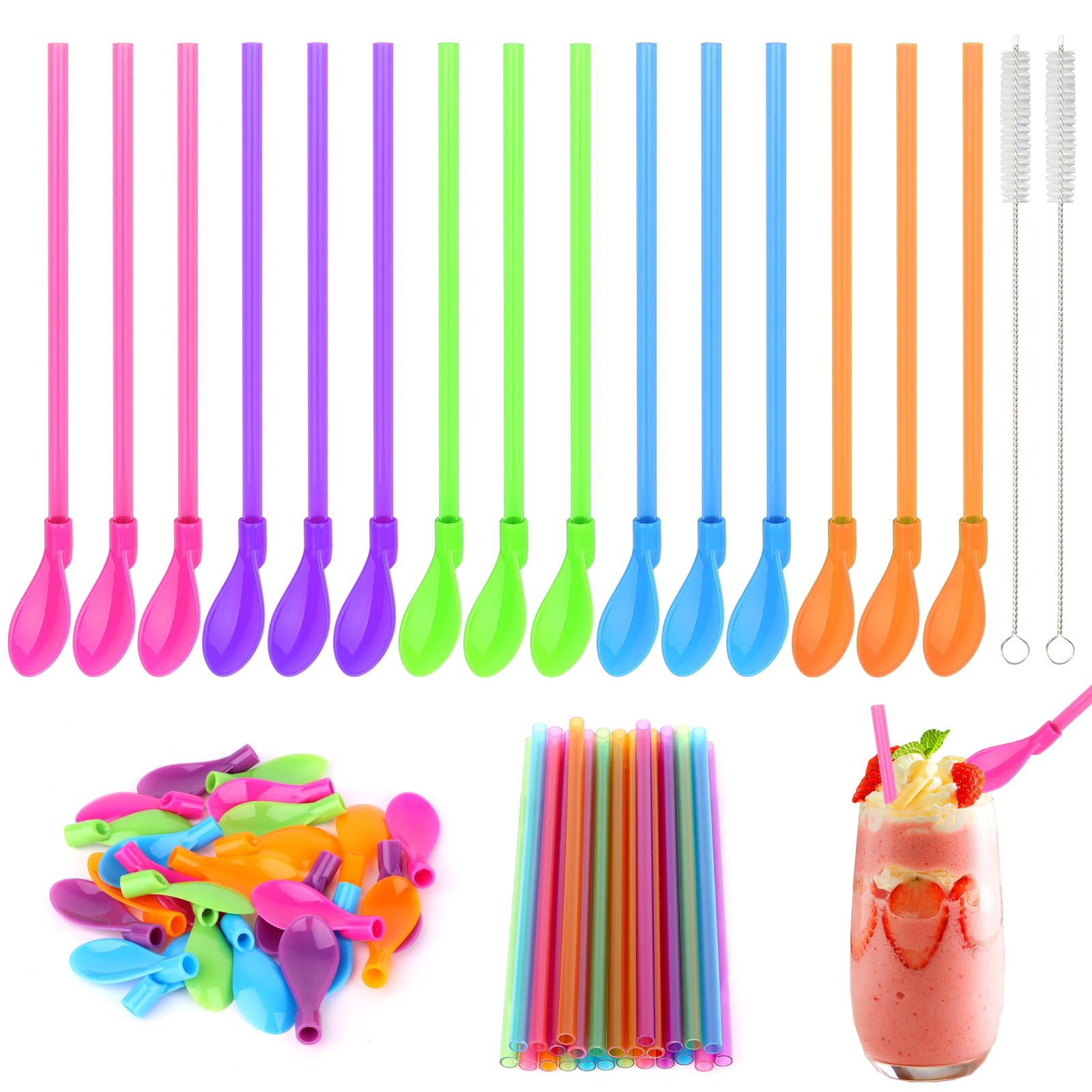 25 Pieces Slushie Straws with Spoons Reusable Slush Straws 2 in 1 Spoon Straws for Slush with Cleaning Brush for Smoothies Slushie Juice Cocktail Milkshakes, Colored