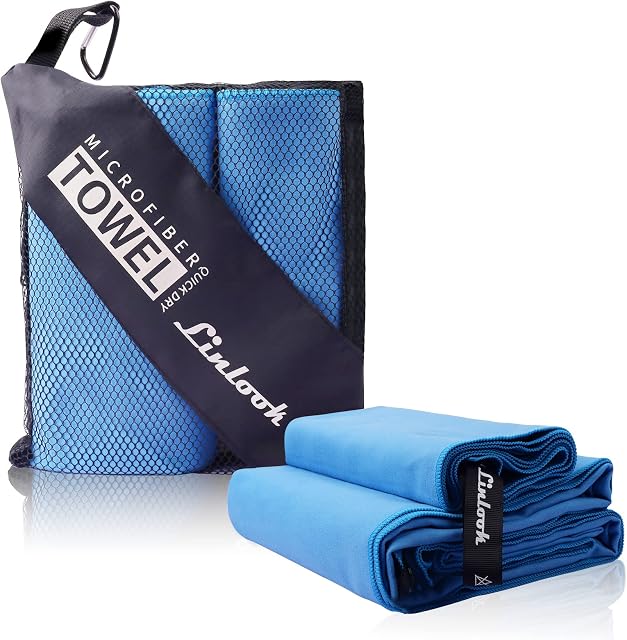 Microfibre Towel Set (160 x 80 cm Large Bath Towel + 80 x 40 cm Small Hand Towel) - Soft and Lightweight Beach Towel - Quick Drying Sports Gym Towel - Compact Swimming Camping Towel, 2 PCS (Blue)