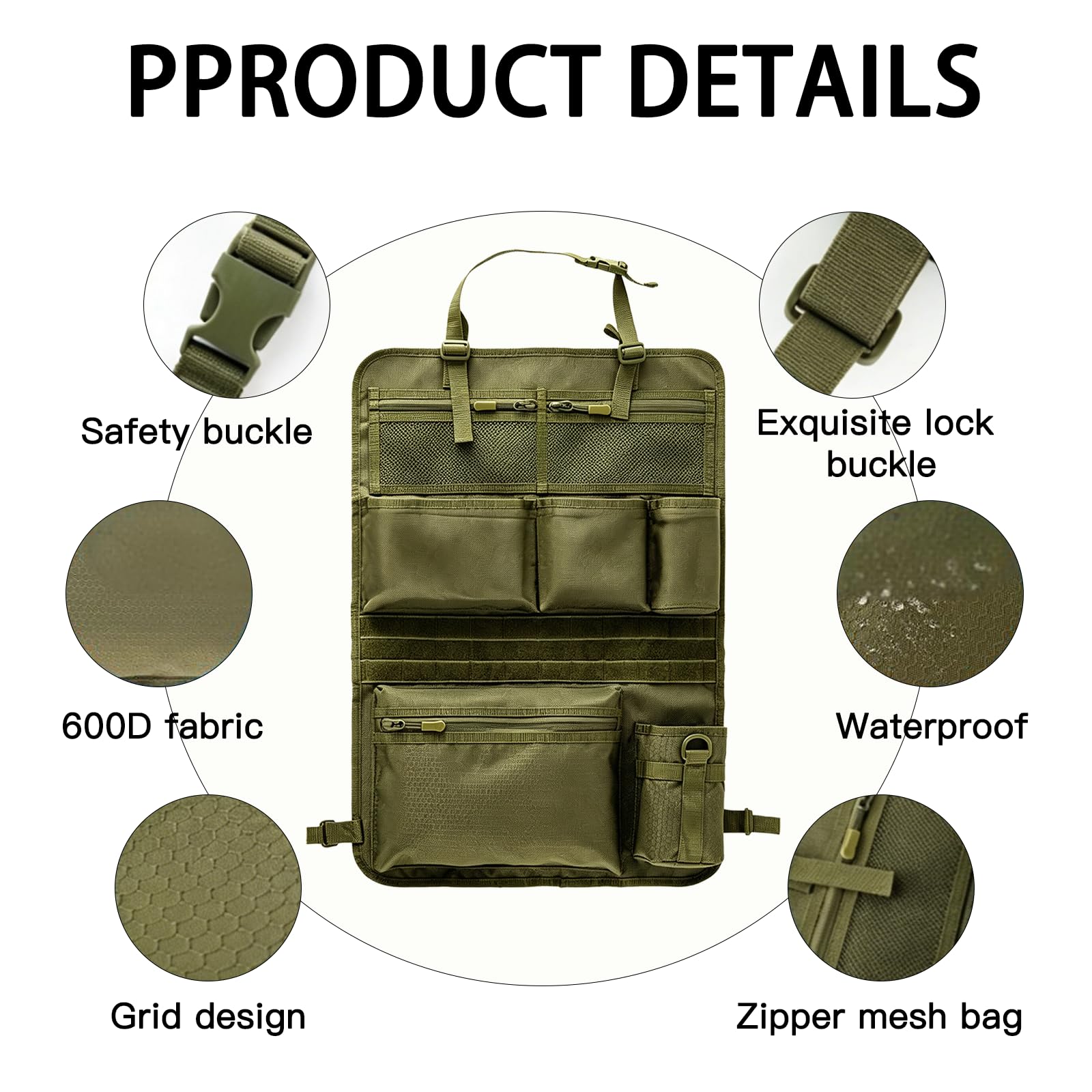 Taktischer Autositz Organizer Rückenlehne 42×62 cm, Auto Sitz Organizer mit MOLLE System, Rückenlehnenschutz mit Taschen, Netztaschen & Becherhalter für SUV, Jeep, Reisen, Camping (Grün)