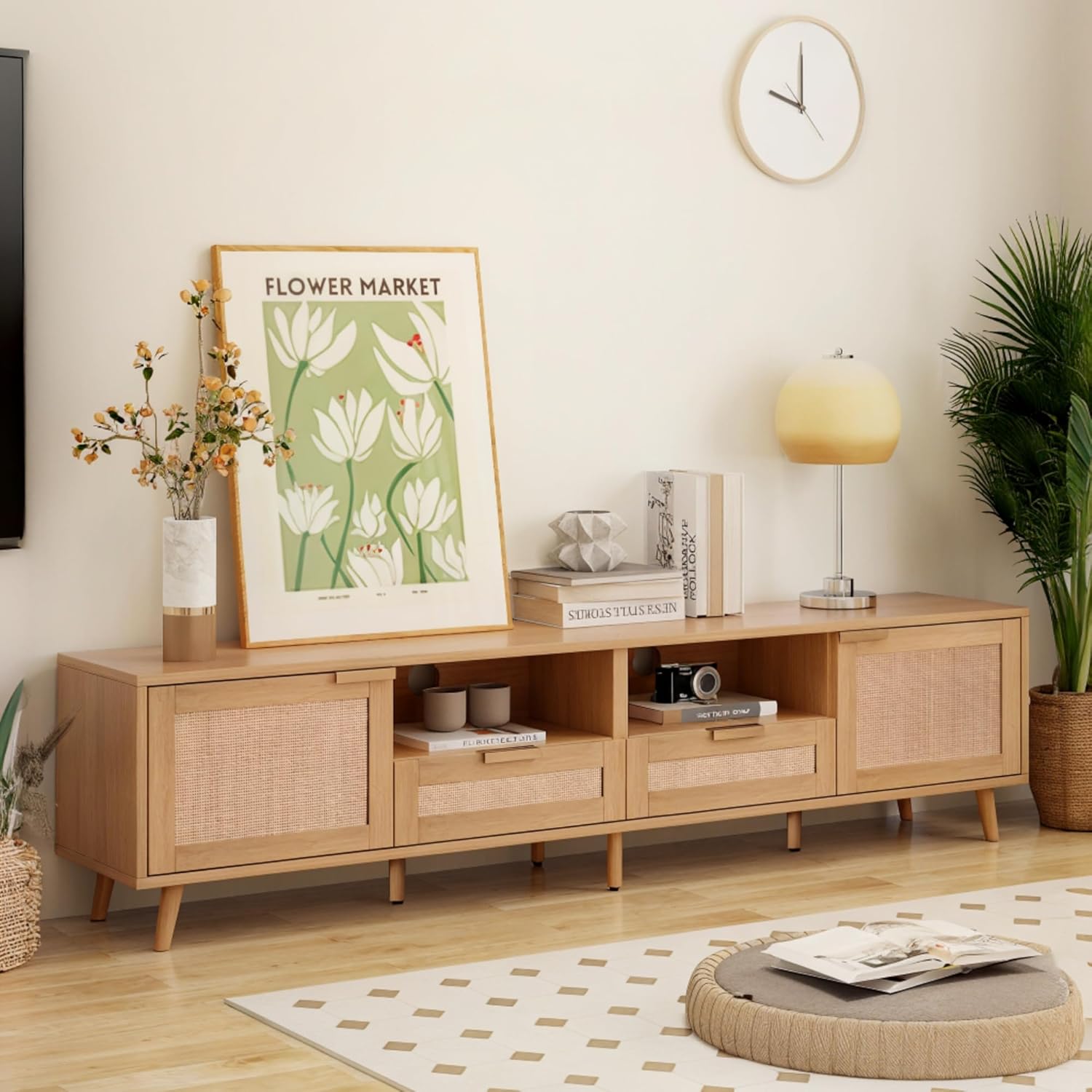 Merax Boho TV Stand for 85 Inch TV, Rattan Media Console with Storage Cabinets, Open Shelves & Drawers, Mid-Century Modern TV Stand for Living Room, Entertainment Center with Solid Wood Legs