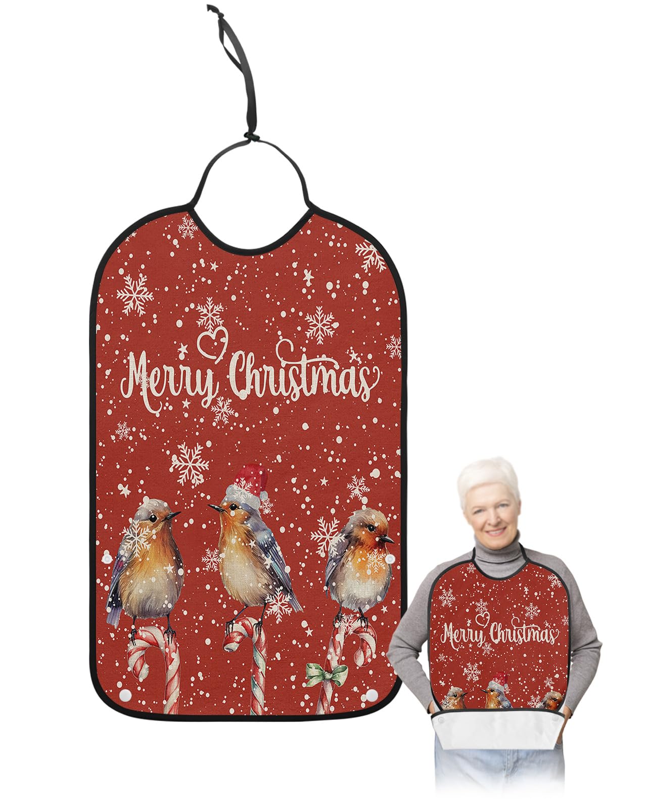 Christmas Birds Adult Bib for Eating with Crumb Catcher, Red Winter Rustic Snowflake Washable & Waterproof Terry Cloth Adjustable Elderly Women Men Adult Bibs Funny Apron Reusable Clothing Protector