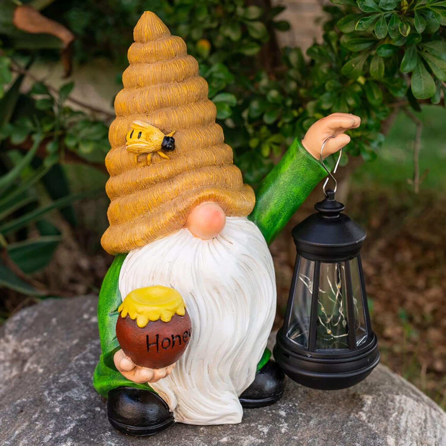 12.3''Solar Garden Gnomes Outdoor Decor Honey Bee jar Gnome Statues with LED Lantern Xmas Patio Lawn Yard Art Decoration Birthday Christmas Gardening Gifts for Mom Dad, Bee Gnome - Image 5