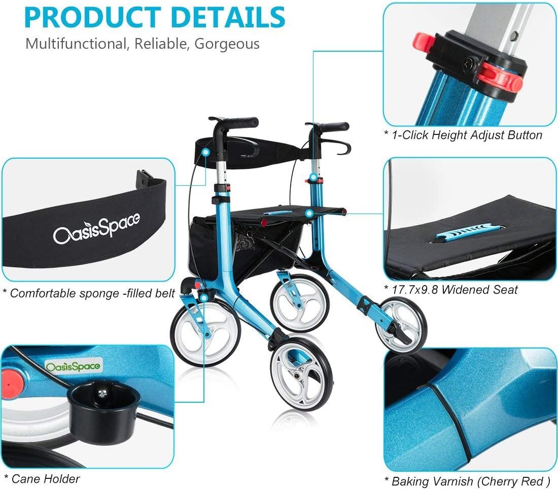 OasisSpace Aluminum Rollator Walker with Seat, Folding Rollator Walker with 10-inch Front Wheels for Senior, Elderly with Carry Bag (Blue)