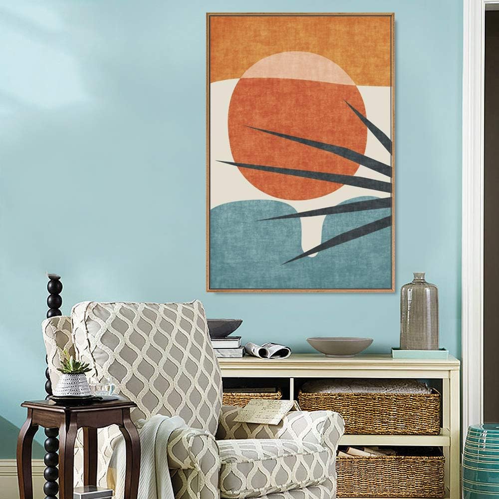 IDEA4WALL Framed Canvas Print Wall Art Abstract Blue Palm Tree & Red Sun Geometric Shapes Illustrations Modern Art Mid-Century Modern Ultra for Living Room, Bedroom, Office - 24"x36" Natural