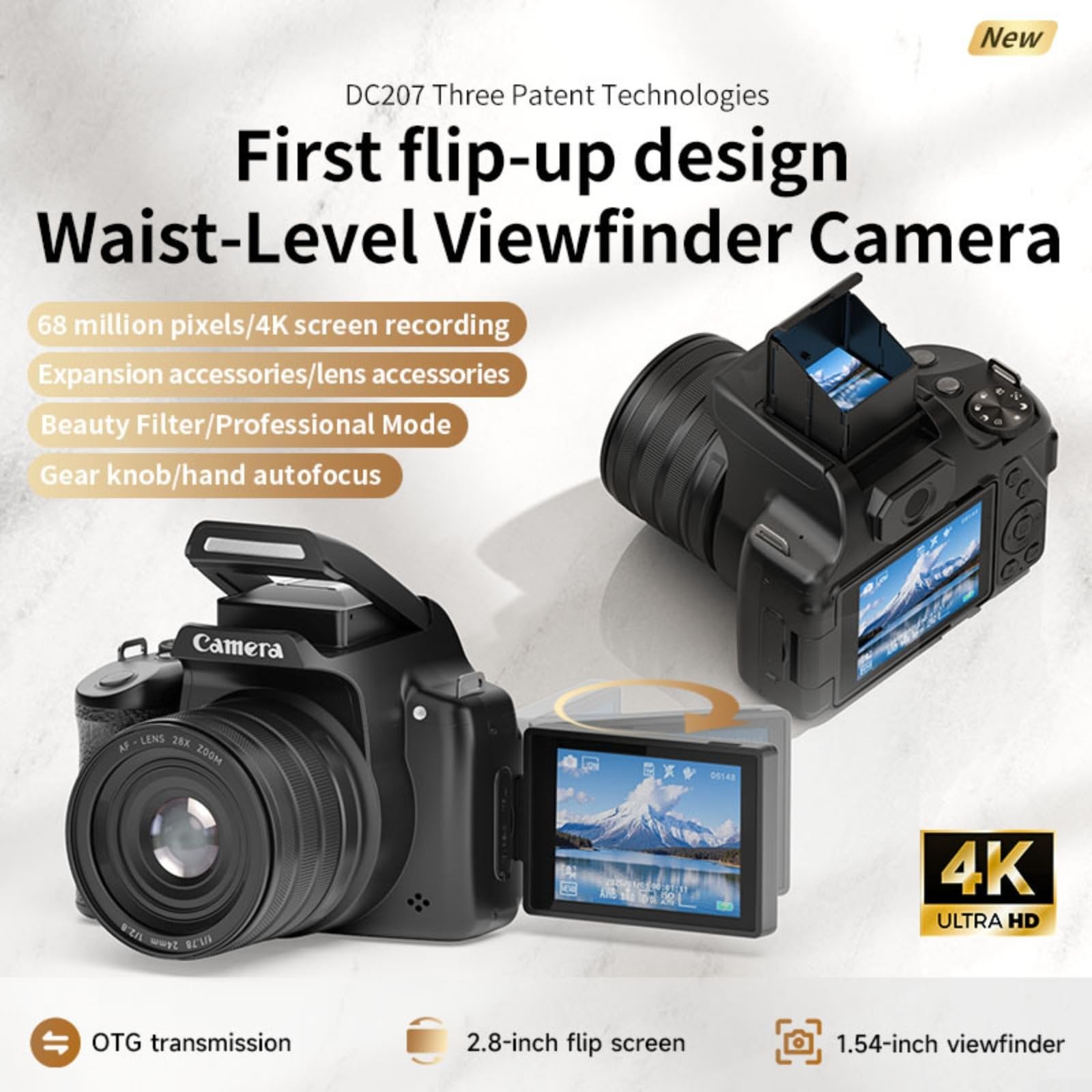 Fotocamera digitale da 68 MP con video 4K 60 FPS, zoom 28X e schermo flip per vlogging selfie, HD ricaricabile di tipo C per kit videocamera (specchio polarizzatore fotocamera)