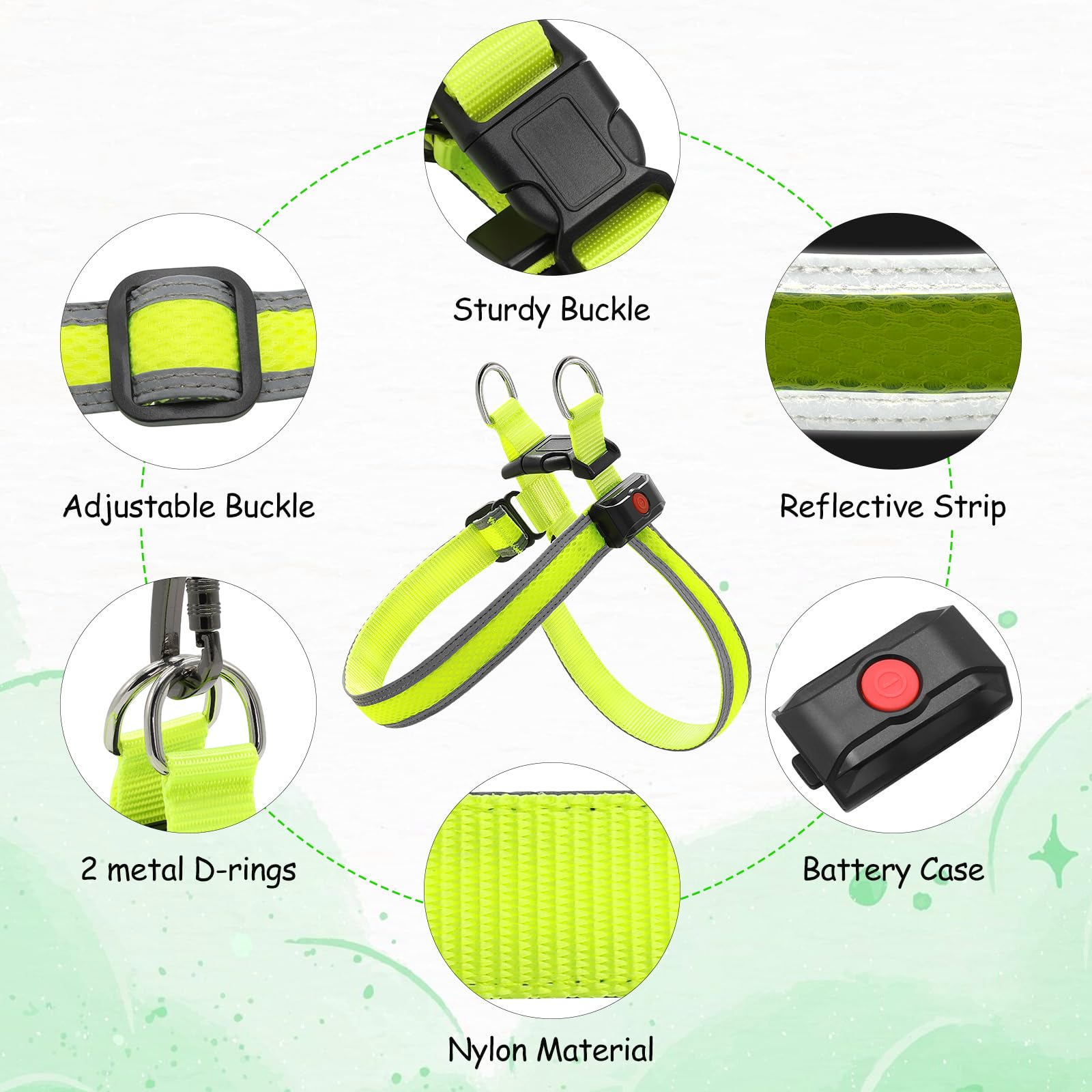 LED Dog Harness Mesh USB Rechargeable Light Up Dog Harness Reflective Vest for Small Medium Large Dogs (Green, XS) - Image 2