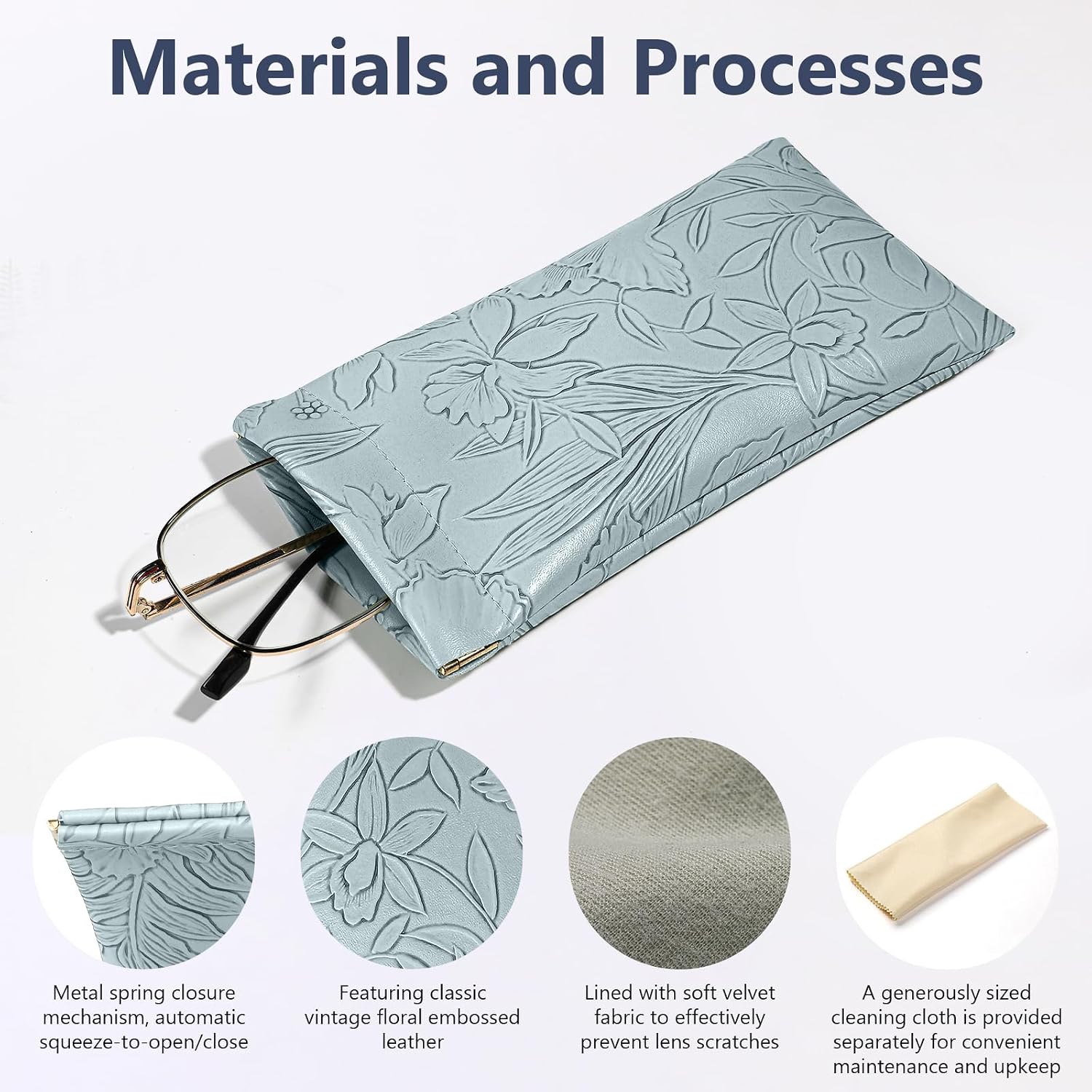 Eyeglasses Cases 2Pack Embossed PU leather glasses pouch Squeeze Top Portable Glasses Cases for Men Women