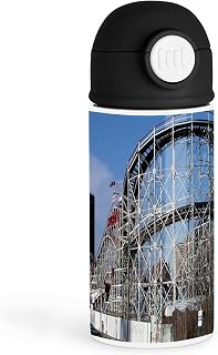 Inspirational Theme Park Enthusiast 12oz Kids Black Bottle – Image of a wooden roller coaster in vivid colors – Theme Park Adventure, Daily Hydration